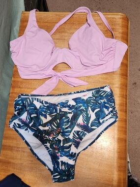 Lilac Tie-Front Bikini Top with Tropical Leaf High-Waist Bottoms